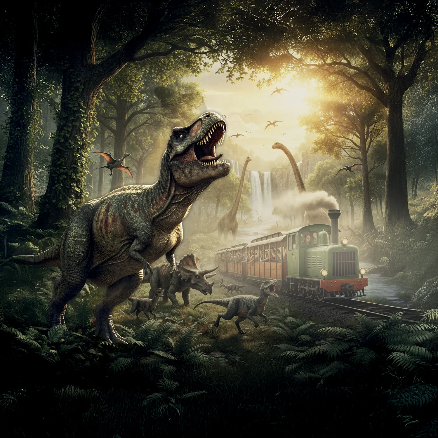 Train safari miniature sur le thème Jurassic avec des dinosaures géants à la Safari Réserve de Lumigny, entre Melun et La Ferté-Gaucher en Seine-et-Marne (77), en région Île-de-France.