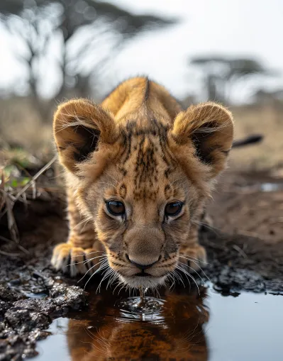 Lionceau s’abreuvant au bord d’un point d’eau