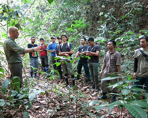 Group of people in the forest listening to explanations from a speaker for training a Tiger ranger team